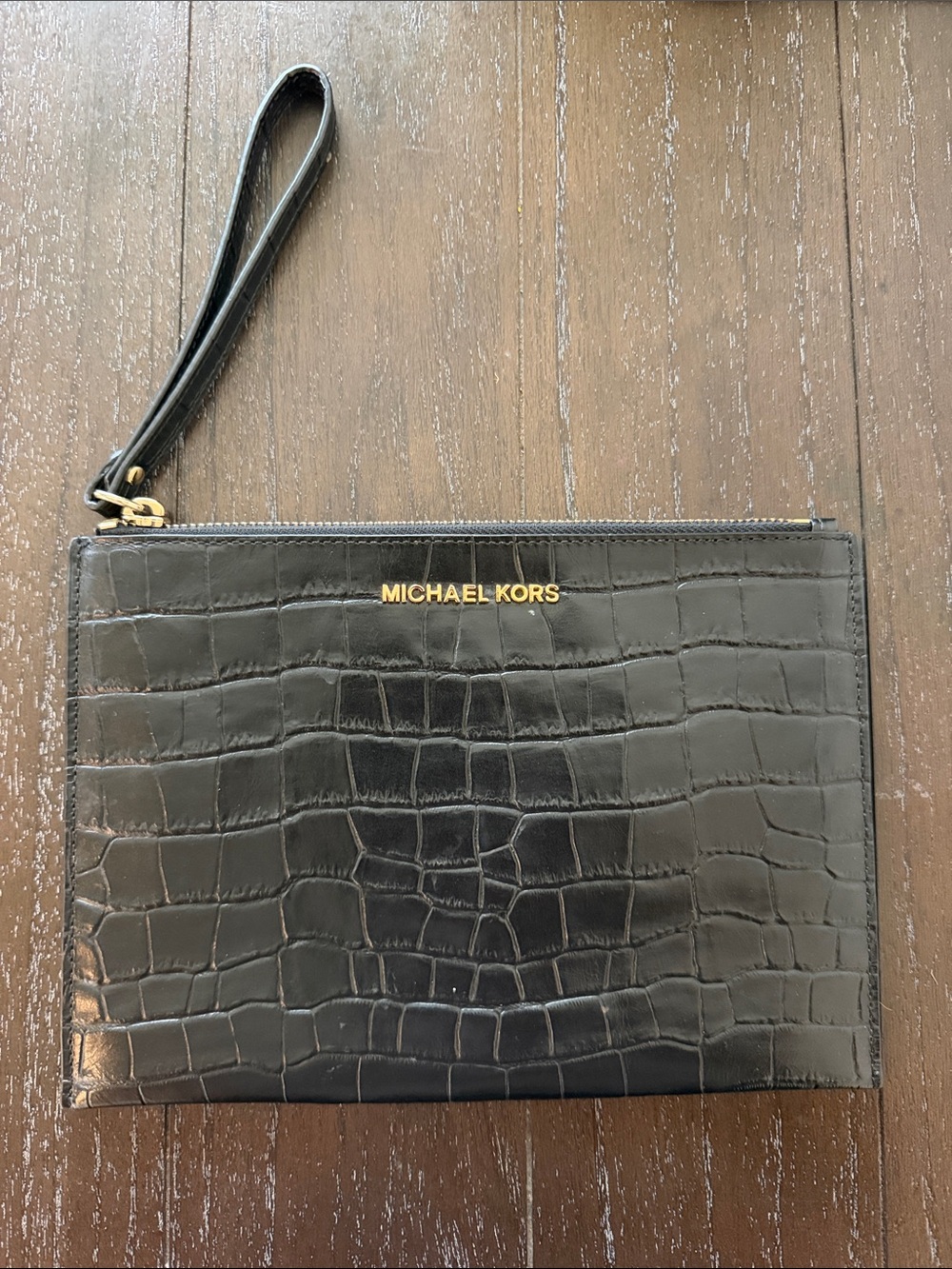 Michael Kors Black Croc-Embossed Wristlet with Gold Logo
